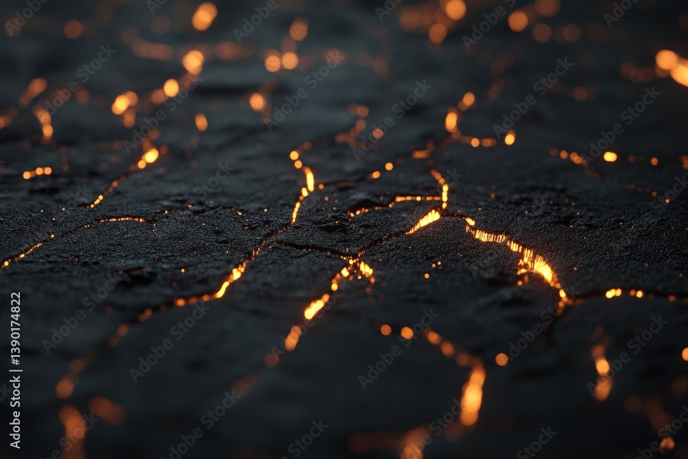 A close-up image highlighting shimmering cracks in a dark surface, illuminated with warm, golden glimmers, creating a striking contrast and dynamic texture.
