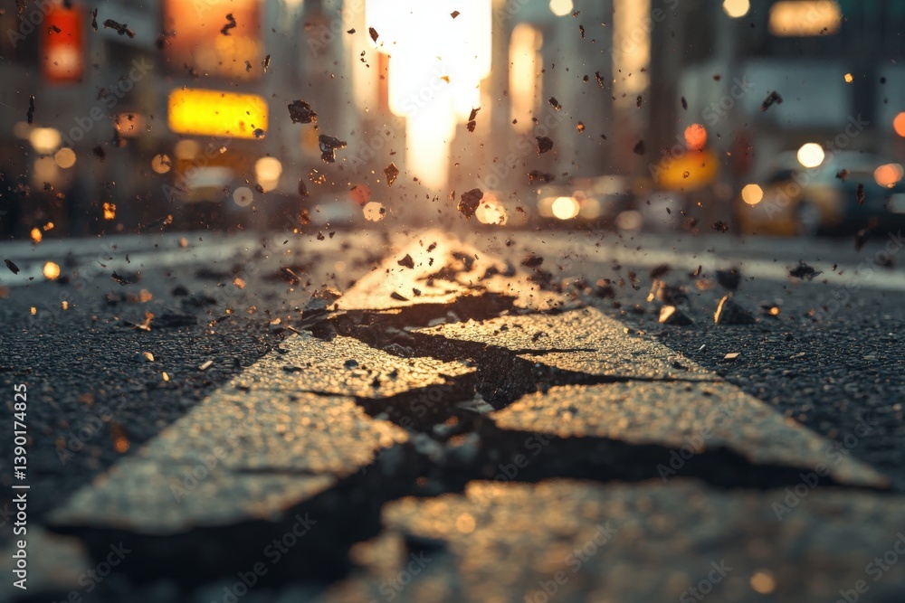 A close-up view of a cracked street with debris, illuminated by sunset. The city backdrop adds to the dynamic atmosphere.