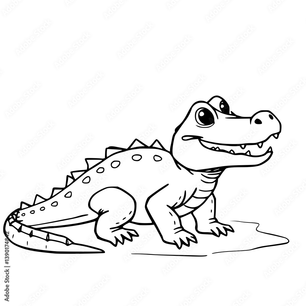 Obraz premium Smiling Alligator Illustration: A whimsical illustration of a smiling alligator, rendered in clean black lines. The detailed artwork captures the friendly nature of a reptilian creature