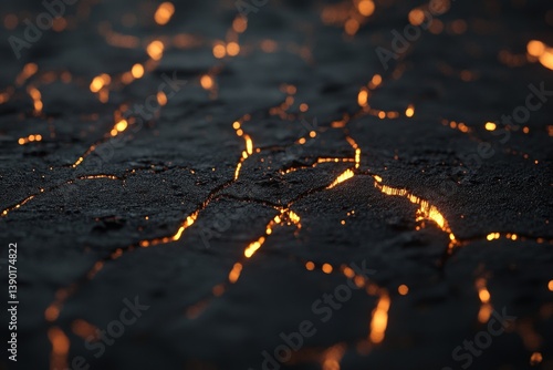 A close-up image highlighting shimmering cracks in a dark surface, illuminated with warm, golden glimmers, creating a striking contrast and dynamic texture.