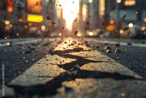 Obraz na płótnie A close-up view of a cracked street with debris, illuminated by sunset. The city backdrop adds to the dynamic atmosphere. w salonie