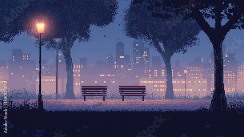 Fototapeta Naklejka Na Ścianę i Meble -  Pixel art of a park at twilight with benches facing a city skyline.