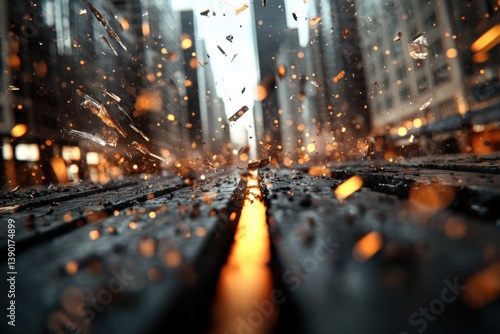 Obraz na płótnie A dynamic urban scene capturing splashes of water and shards of glass illuminated by city lights, conveying energy and movement in a bustling environment. w salonie