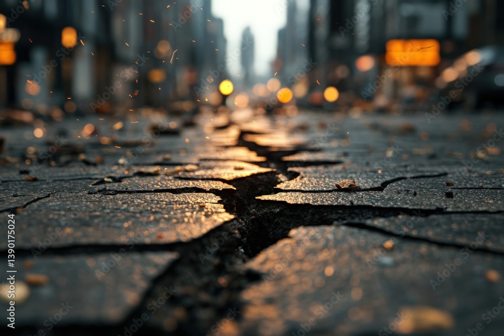 A cracked urban street reflects city lights, creating a moody atmosphere amidst falling debris and a blurred background.