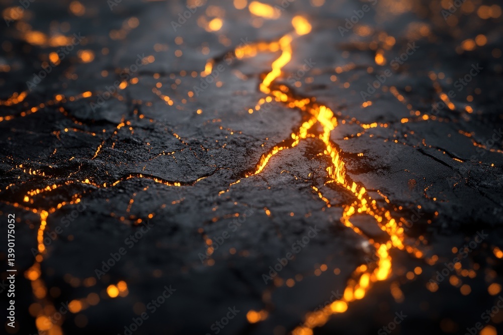 A close-up view of glowing lava cracks on a dark surface, showcasing the vibrant orange and black contrasts of molten rock.