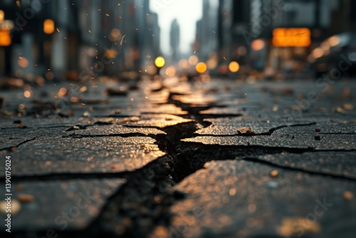 Obraz na płótnie A cracked urban street reflects city lights, creating a moody atmosphere amidst falling debris and a blurred background. w salonie