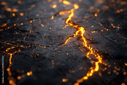 Obraz na płótnie A close-up view of glowing lava cracks on a dark surface, showcasing the vibrant orange and black contrasts of molten rock. w salonie