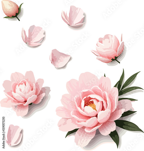 collection of blush pink peony flowers and petals