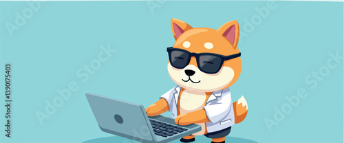 cool shiba inu dog in a lab coat uses a laptop.