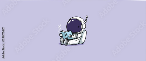 charming cartoon astronaut takes a break to read a book while enjoying a warm beverage