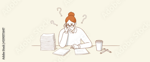 pensive woman contemplates a stack of papers at her desk