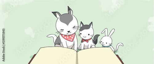 three adorable animals attentively reading a book together