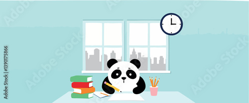 focused panda sits at a desk writing surrounded by books and pencils with a cityscape view from the window
