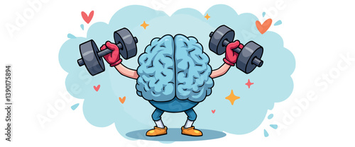cartoon brain character lifting dumbbells symbolizing mental fitness and strength