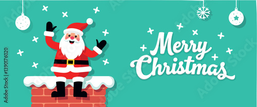 cheerful santa claus sitting on a chimney