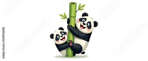 two cheerful pandas climbing bamboo