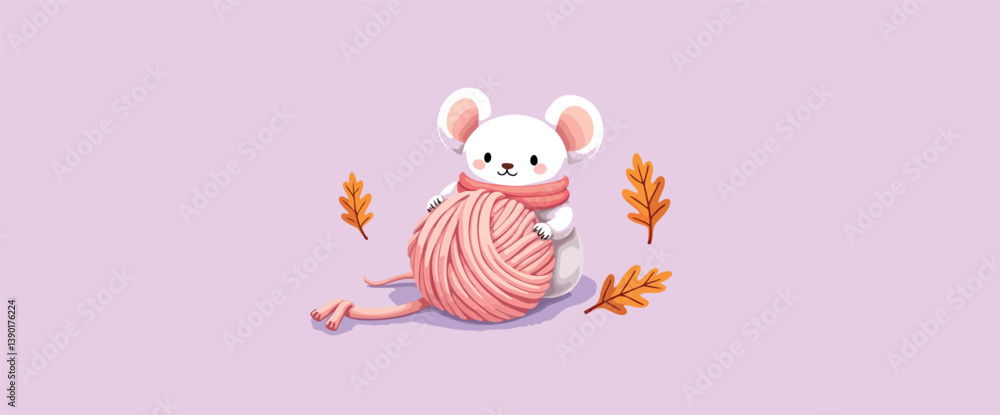adorable white mouse with pink yarn and autumn leaves adorable white mouse with pink yarn and autumn leaves