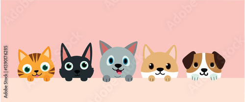 five adorable pet faces playfully peering over a pale pink surface