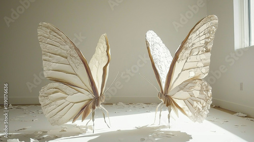 Two butterfly sculptures made of paper, standing on a white floor with scattered paper pieces.
