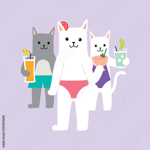 three stylish cats enjoying summer cocktails