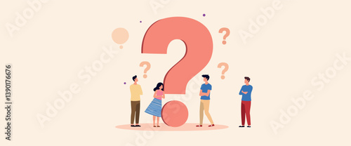 four individuals contemplate a large question mark symbolizing their search for answers and choices.