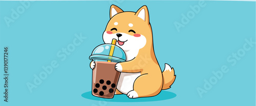 happy shiba inu dog enjoying bubble tea