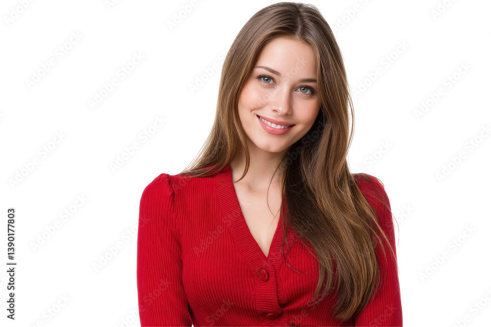Smiling woman in red posing against a transparent background for a portrait Smiling woman in red posing against a transparent background for a portrait