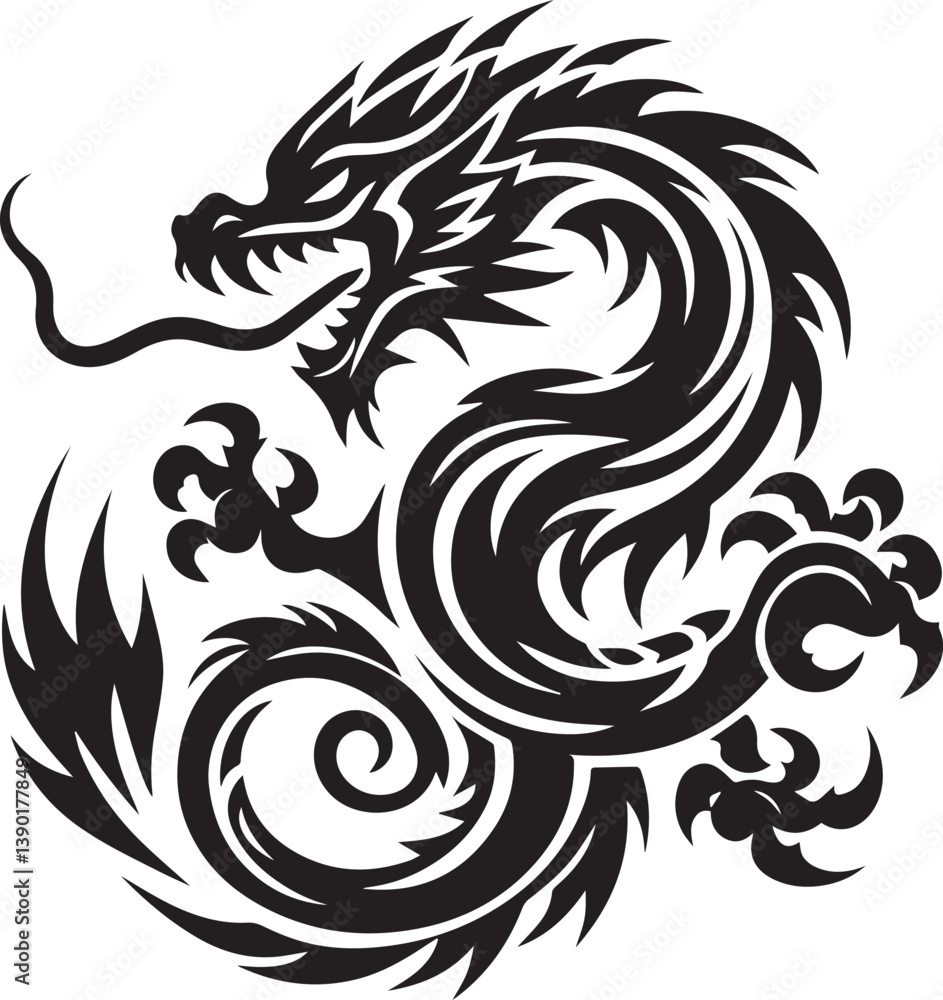 Naklejka premium Tribal Dragon Tattoo Vector Illustration – Black Stylized Mythical Beast Design