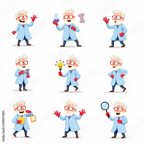 set of nine cheerful cartoon illustrations featuring a senior scientist in various poses