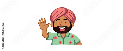 smiling man in pink turban waving hello