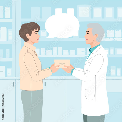pharmacist and patient exchanging an envelope in a pharmacy