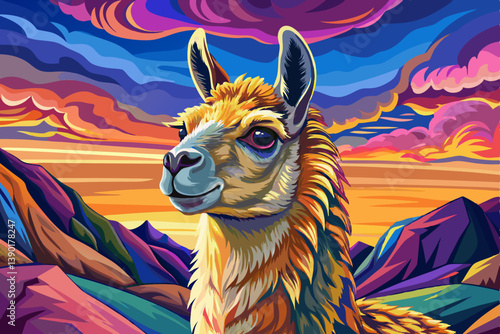 Alpaca portrait on an alien rock formation under a strange colored sky, alpaca banner