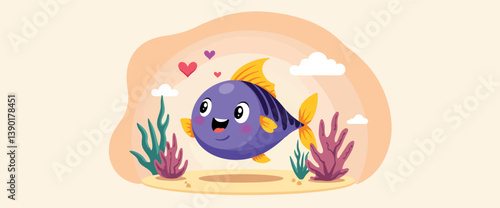 cheerful purple fish happily swimming in a vibrant underwater scene