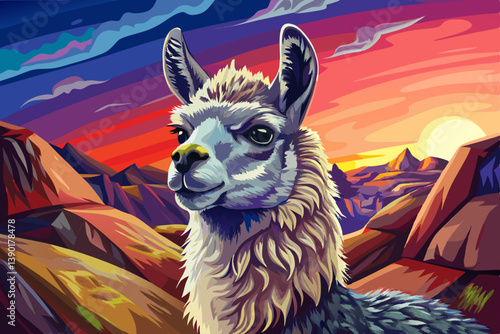 Alpaca portrait on an alien rock formation under a strange colored sky, alpaca banner