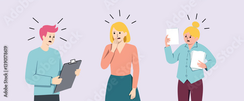 three individuals reacting with varying degrees of surprise holding documents and a clipboard