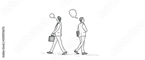 two pensive businessmen walking in opposite directions