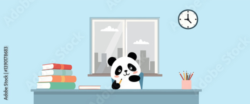 cute panda bear sits at a desk studying amidst books and pencils in a brightly lit room.
