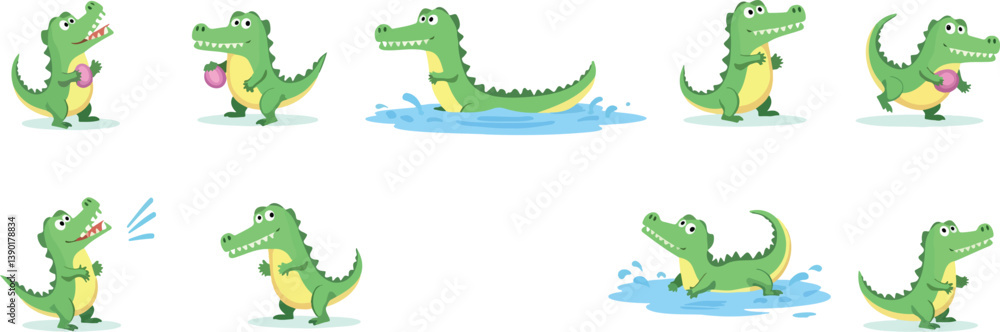 Obraz premium playful cartoon crocodiles in various actions against a white background