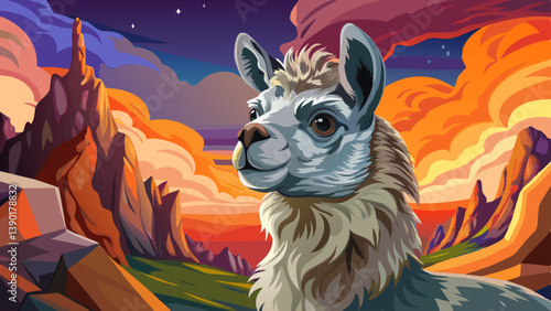 Alpaca portrait on an alien rock formation under a strange colored sky, alpaca banner