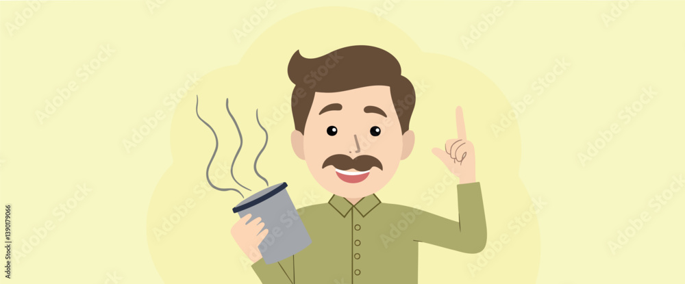 smiling man with coffee presenting an idea smiling man with coffee presenting an idea