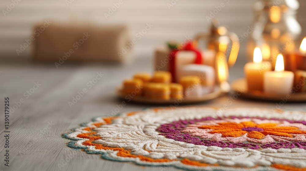A cozy setting featuring a colorful rug, candles, and a plate of assorted sweets, creating a warm and inviting atmosphere. A cozy setting featuring a colorful rug, candles, and a plate of assorted sweets, creating a warm and inviting atmosphere.
