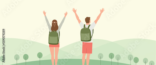 couple of hikers celebrates their achievement atop a verdant hill