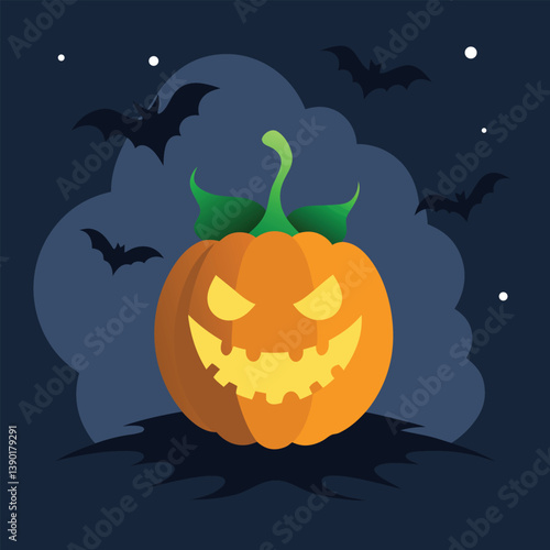 Eerie Halloween Pumpkin Illustration with Bats and a Starry Night Backdrop