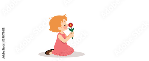 young girl gently smelling a single red flower