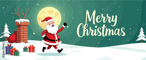 jolly santa claus running through snowy landscape on christmas night