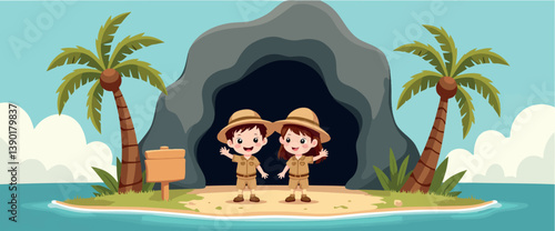 two smiling young explorers near tropical island cave