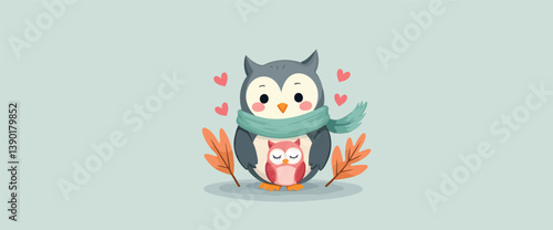 two owls one wearing a scarf sharing an affectionate moment surrounded by hearts and autumn leaves.