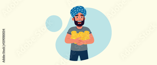 joyful man in a blue turban happily holding many gold coins