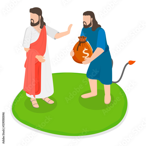 Fotografi 3D Isometric Flat Vector Illustration of Christ Tempted by Devil, Biblical Scenes