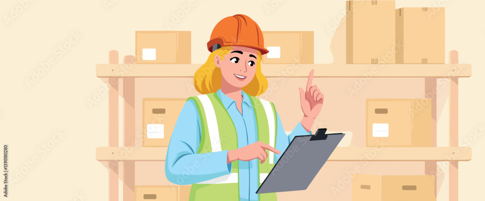 smiling female warehouse worker efficiently manages inventory using a clipboard